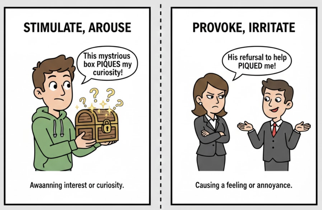 <ol><li><p> </p></li></ol><p>Gợi lên, kích thích (sự tò mò, hứng thú).</p><ol start="2"><li><p> </p></li></ol><p>Làm ai đó hơi khó chịu, chạm tự ái.</p><p><strong>Dạng liên quan:</strong></p><ul><li><p><strong>Piqued</strong> (Quá khứ/Tính từ: Bị kích thích/Bị chạm tự ái)</p></li></ul><p></p>