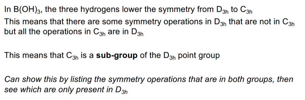 <p>Some groups can be considered subsets of others i.e. all the symmetry operations form a group + more are contained within another group with more symmetry operations. Substitutions may lower the symmetry of a molecule, losing some of its operatiosn but preserving the rest. </p>