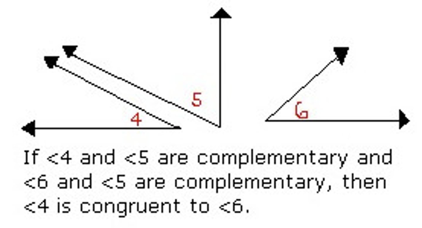 <p>Angles complementary to the same angle or to congruent angles are congruent</p>