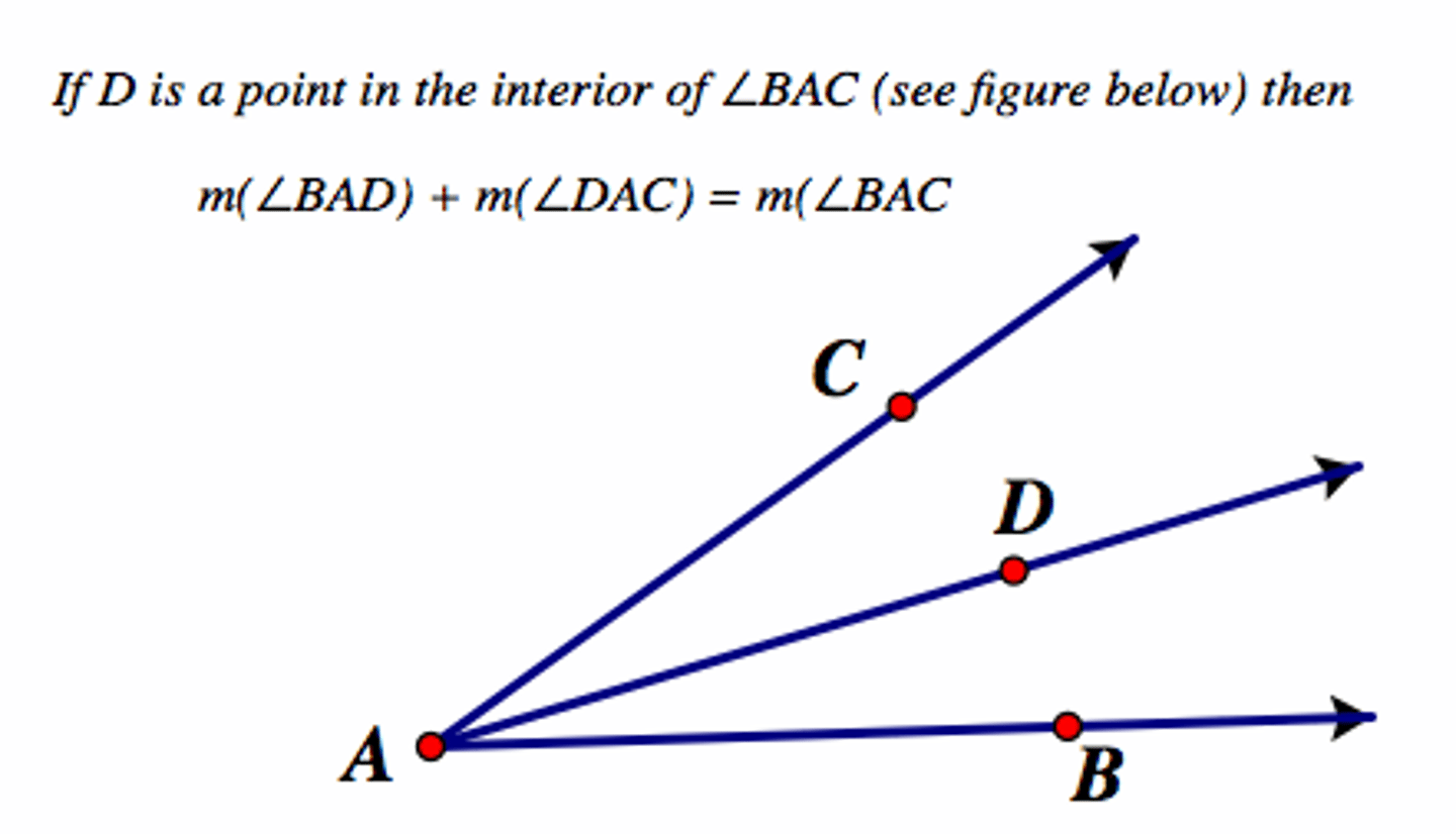 <p>D is in the interior of ∠ABC if and only if m∠ABD + m∠DBC = m∠ABC</p>