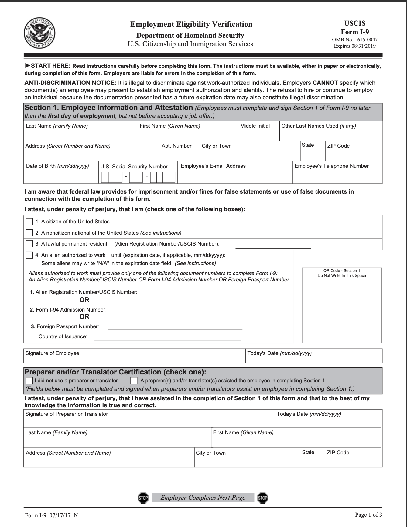 <p>Employment eligibility verification form used to confirm an employee's identity and authorization to work in the U.S. </p>
