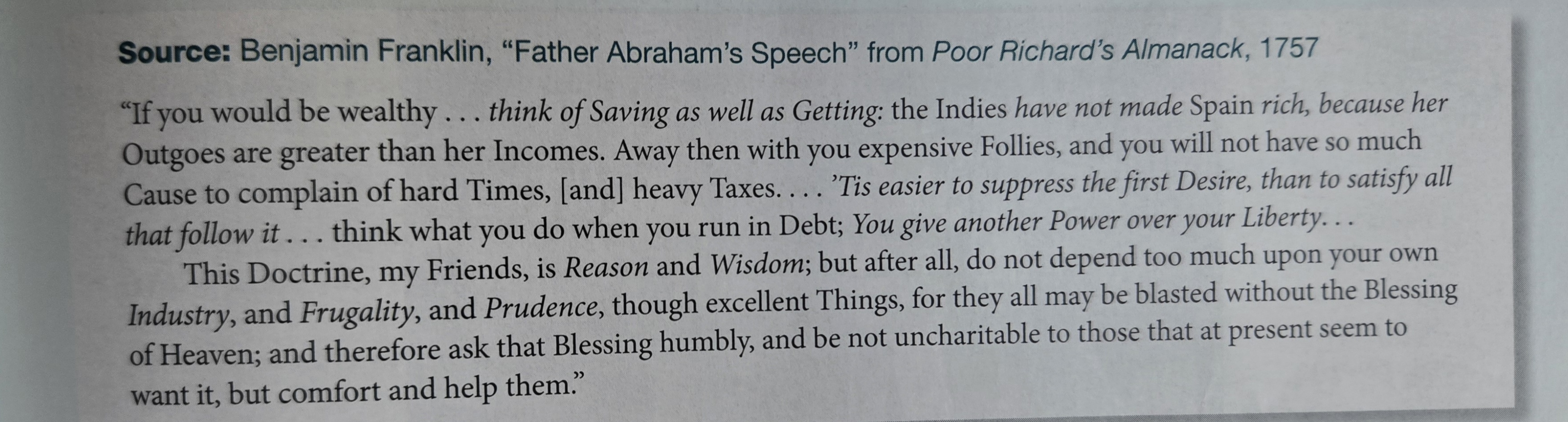 <p>Franklin’s warning about debt and freedom most directly supports which of the following developments?</p>