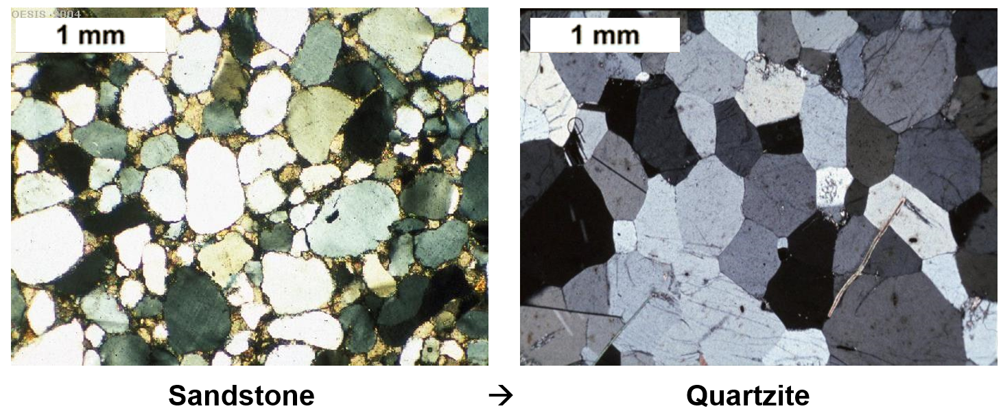 <ul><li><p>Recrystallisation- existing minerals adopt new textures</p><p>→ may have preferred orientation</p></li><li><p>Neomineralisation- formation of new minerals at the expense of existing (no bulk comp change, only new formula)</p><p>→ involves chem reaction between mineral + fluid</p><p>→ (x+y)→(z+a)</p></li></ul>
