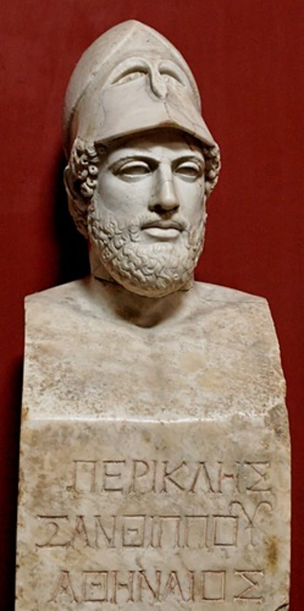 <p>Athenian statesman and a patron of the arts. funded the Parthenon. Roman copy of a herm/bust ca. 429 BCE. Vatican museum. 5th century style. identifiable due to inscription. mature, bearded, Corinthian helmet. formulaic, generic, godlike, nonrealistic.</p>