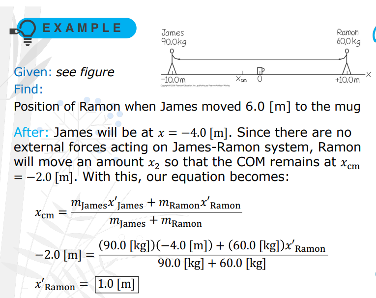 <p>James (mass: 90.0 [kg]) and Ramon (mass: 60.0 [kg]) are 20.0 [m] apart on a frozen pond. Midway between them is a mug of their favorite beverage. They pull on the ends of a light rope stretched between them. When James has moved 6.0 [m] toward the mug, how far and in what direction has Ramon moved?</p>