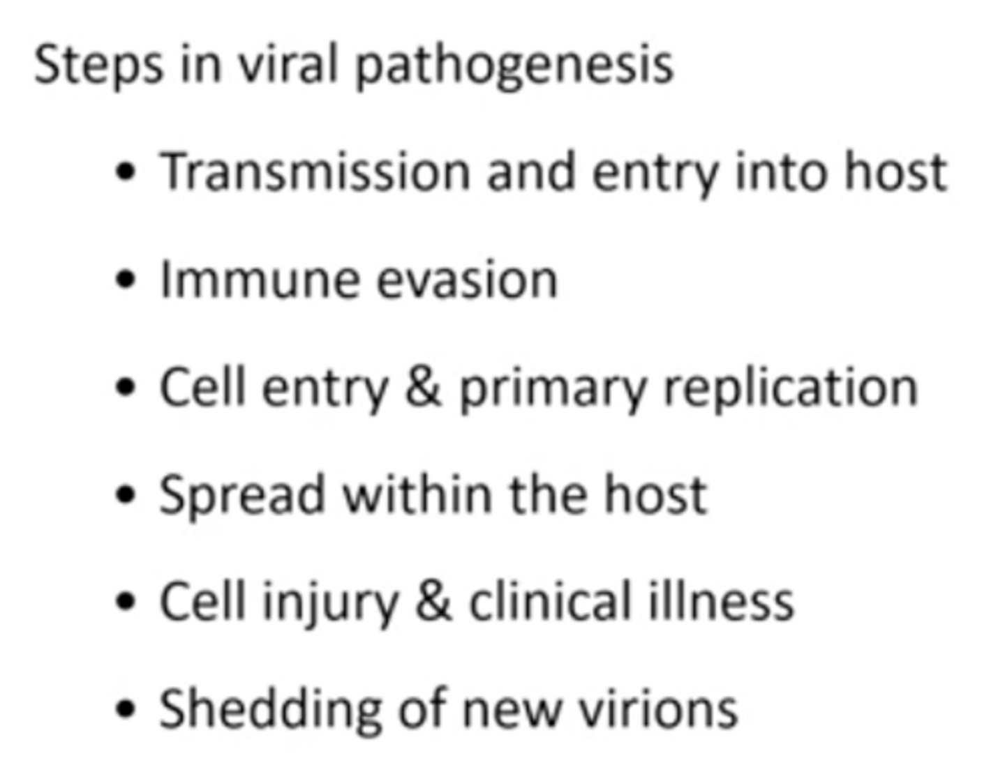 <p>1. Infection</p><p>2. Virus travels to lymph nodes</p><p>3. Virus goes into the bloodstream to travel to bone marrow, liver, spleen, or blood vessles (primary viremia)</p><p>4. Virus returns to the blood stream to an area it is able to be shed (mucous membranes, skin, lungs, etc) (secondary viremia)</p>