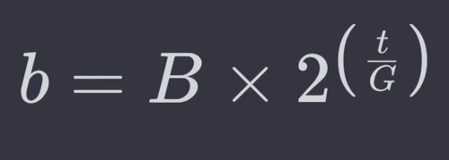 <p>b = Final number of bacteria</p><p>B = Initial number of bacteria</p><p>t = Time elapsed</p><p>G = generation time</p>