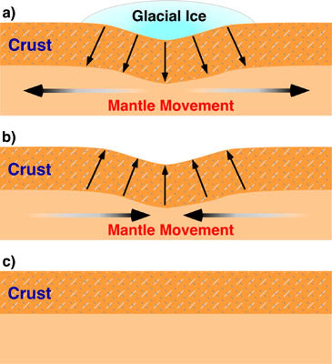 <p>continental lithosphere pressed down by weight of a large glacier rebounds upward for tens of millennia after that same glacier melts</p>