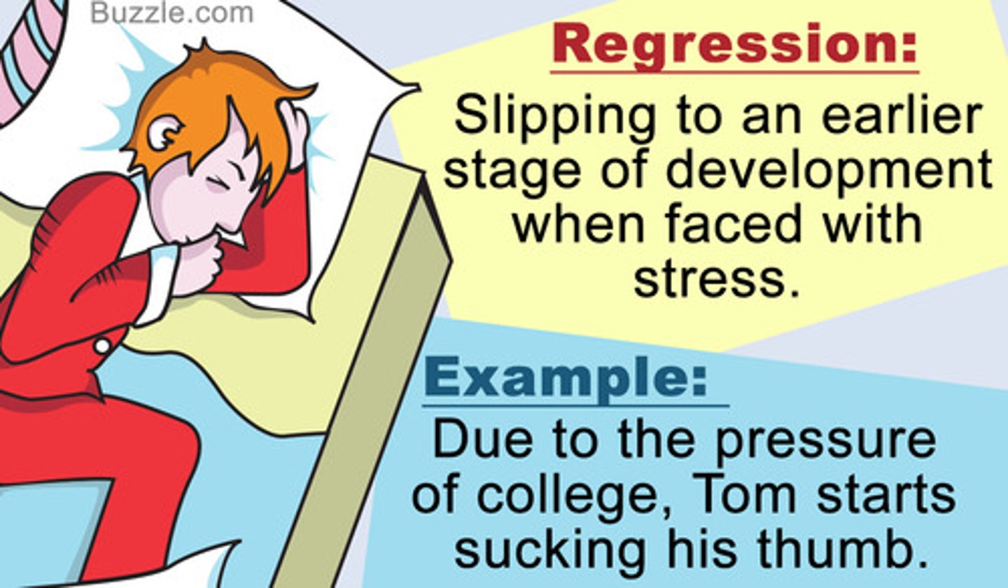 <p>(A) Regression</p><p>Christy is resorting to behavior that is characteristic of an earlier stage of development as is seen in Regression.</p>