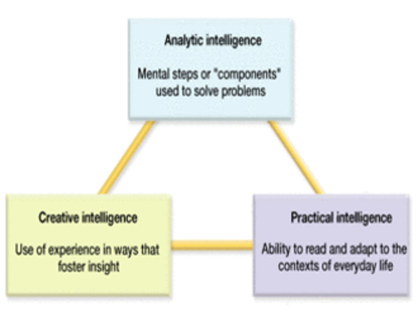 <p>Robert Sternberg's theory that describes intelligence as having analytic, creative and practical dimensions</p>