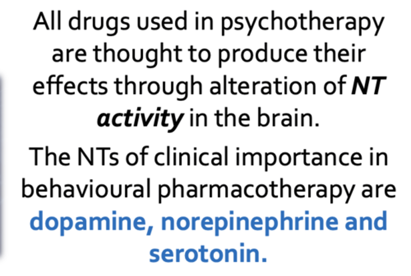<p>alteration of neurotransmission activity in the brain (dopamine, norepinephrine, serotonin)</p>