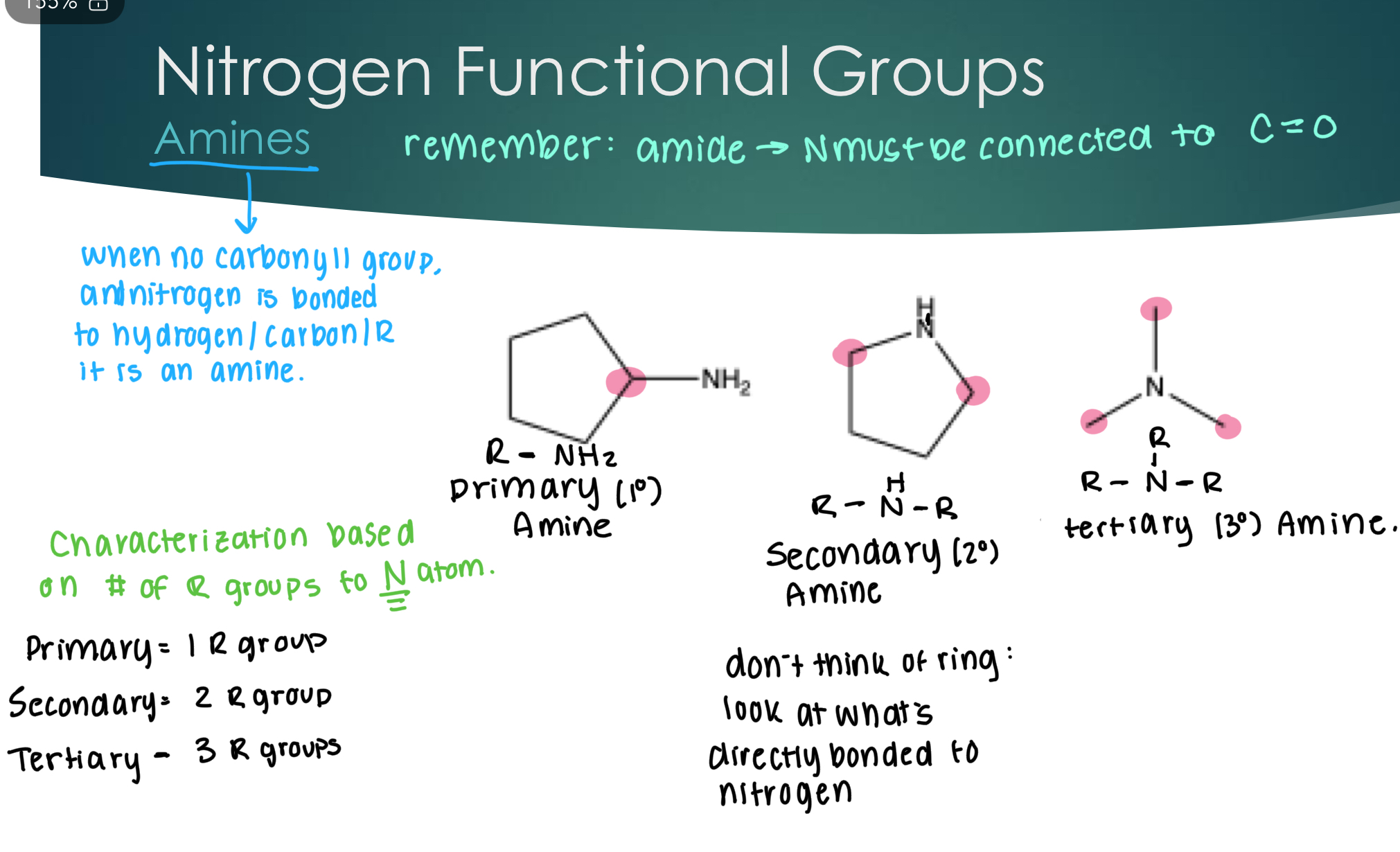 <p>Amines: When no carbonyl group and nitrogen is bonded to hydrogen/carbon/R group.&nbsp;</p><p>Characterization based in # of R groups to N atom:</p><p>Primary = 1 R group</p><p>Secondary = 2 R groups</p><p>Tertiary = 3 R groups</p>