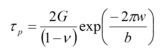 <ul><li><p>w = width of dislocation </p></li><li><p>b = burgers vector </p></li><li><p>G = shear modulus </p></li><li><p><span>ν = poissons ratio</span></p></li></ul>