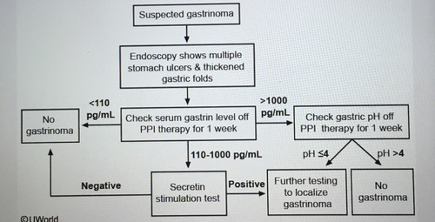<p>Gastrinoma (Zollinger-Ellison syndrome)</p><p>- fasting serum gastrin level > 1000 pg/mL</p>
