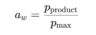 <p>Water activity measures the “available” water in a product for chemical reactions or microbial growth.</p><p></p><p>Pproduct = equilibrium vapour pressure due to the product</p><p>Pmax = maximum water vapour pressure&nbsp;<span style="background-color: transparent; font-size: 1.4rem;">at that temperature</span></p>