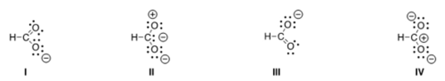 <p>Which of the following resonance structures is the least important contributor to the</p><p>resonance hybrid of the formate anion, HCOO—?</p><p>A) I</p><p>B) II</p><p>C) III</p><p>D) IV</p>