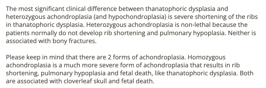 <p>d) severe shortening of the ribs seen only w/thanatophoric dysplasia</p>