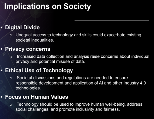 <p>1.) Digital divide</p><p>2.) Privacy concerns</p><p>3.) Ethical use of technology</p><p>4.) Focus on human values.</p>