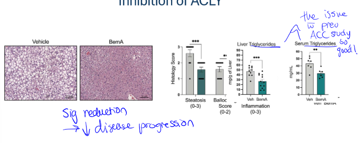 <p>significant reduction in disease progression for those with drug rather than vehicle control. it also showed reduced steatosis and ballooning, as well as less liver and serum triglycerides (which was the issue w ACC inhibition, so this is shown to work well)</p>