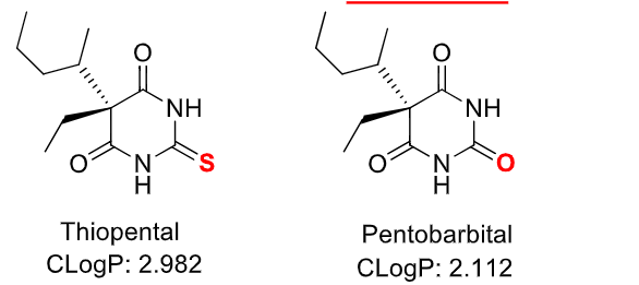 <ul><li><p>replacement of O with S gives increased lipid solubility, faster onset, and shorter duration</p></li><li><p>maximal brain levels of thiobarbiturates are rapidly achieves, this, they have been used as IV anesthetics</p></li></ul><p></p>