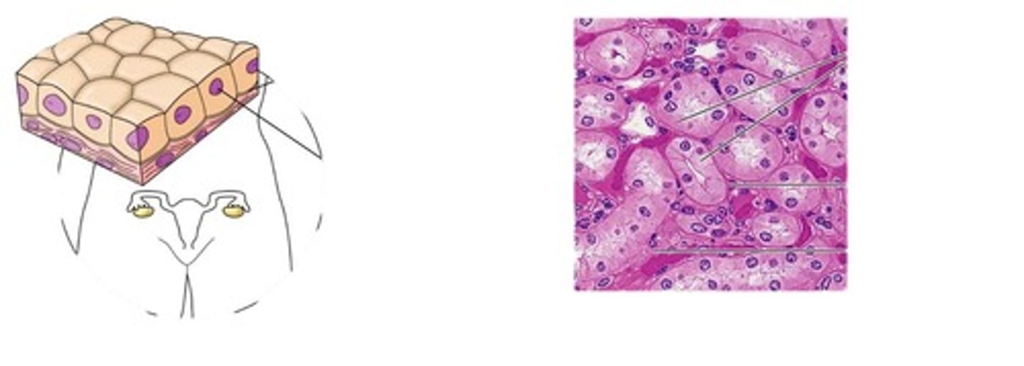 <p>Single layer of cube shaped cells, usually with spherical nuclei. Covers ovaries and lines most of the kidney tubules and the ducts of certain glands.</p>