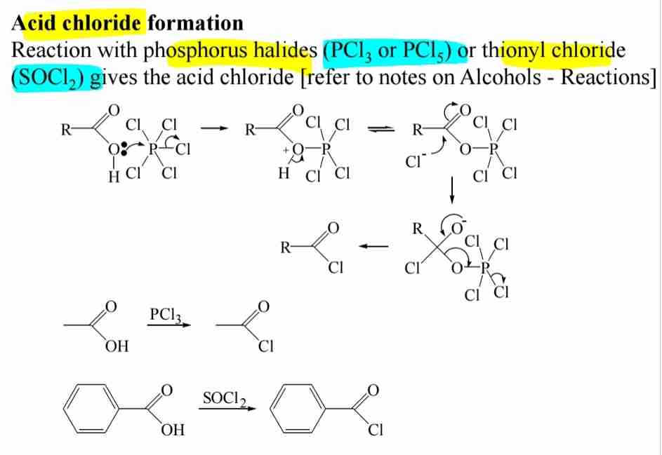 <p>Reaction with SOCl2 or PCl5 converts acids into acid chlorides.</p>