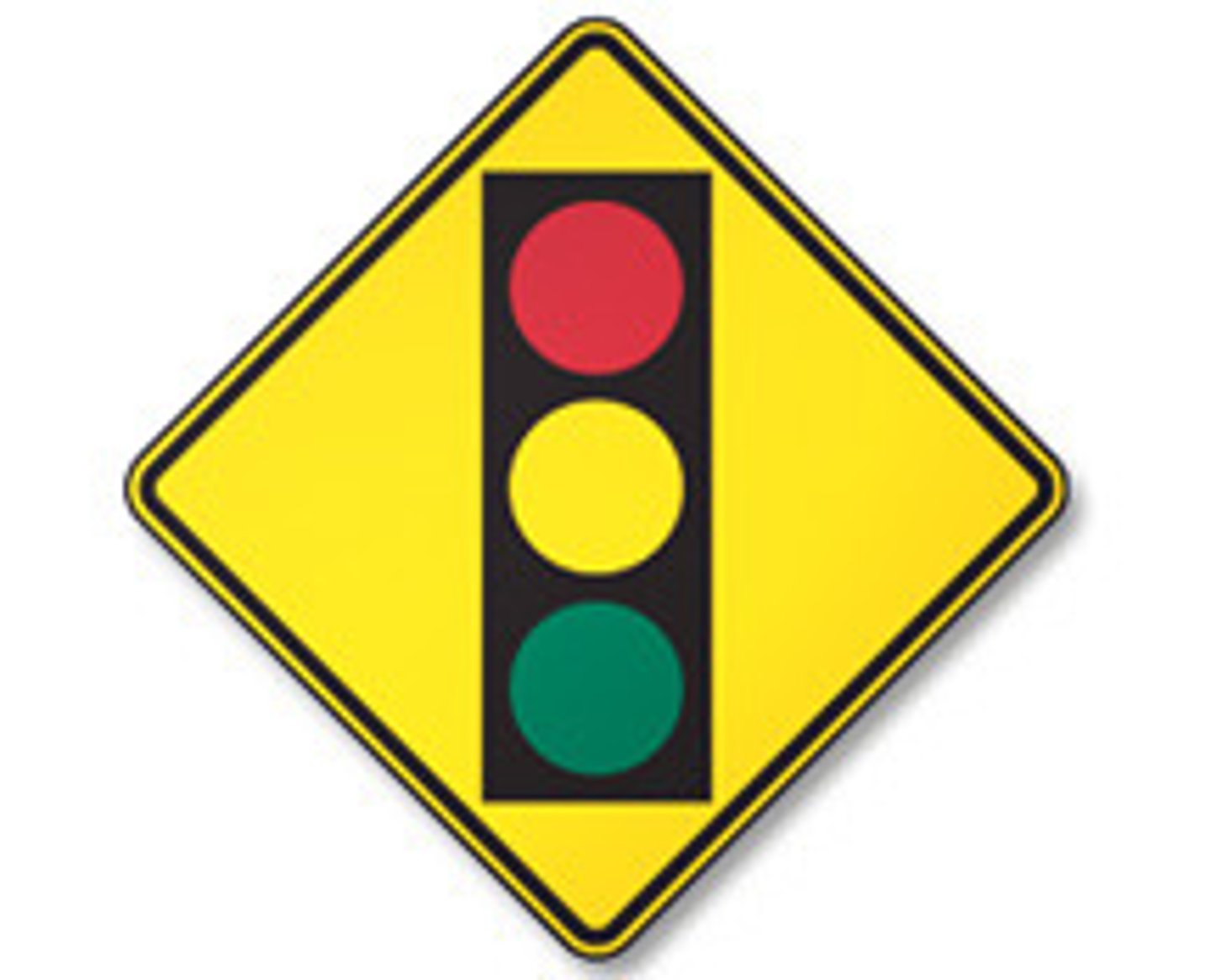 <p>This sign warns of traffic signals at the intersection ahead. Slow down; poor visibility is likely and be prepared to come to a complete stop on a red signal.</p>