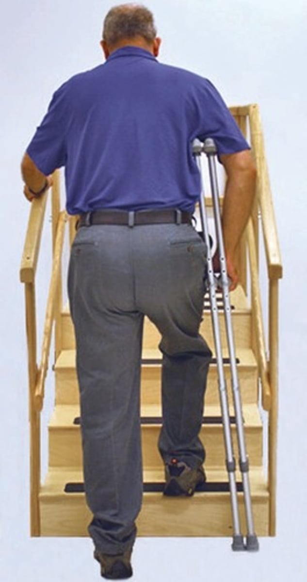 <p>Use of a sturdy rail can significantly increase security when ascending or descending stairs with axillary crutches.</p>