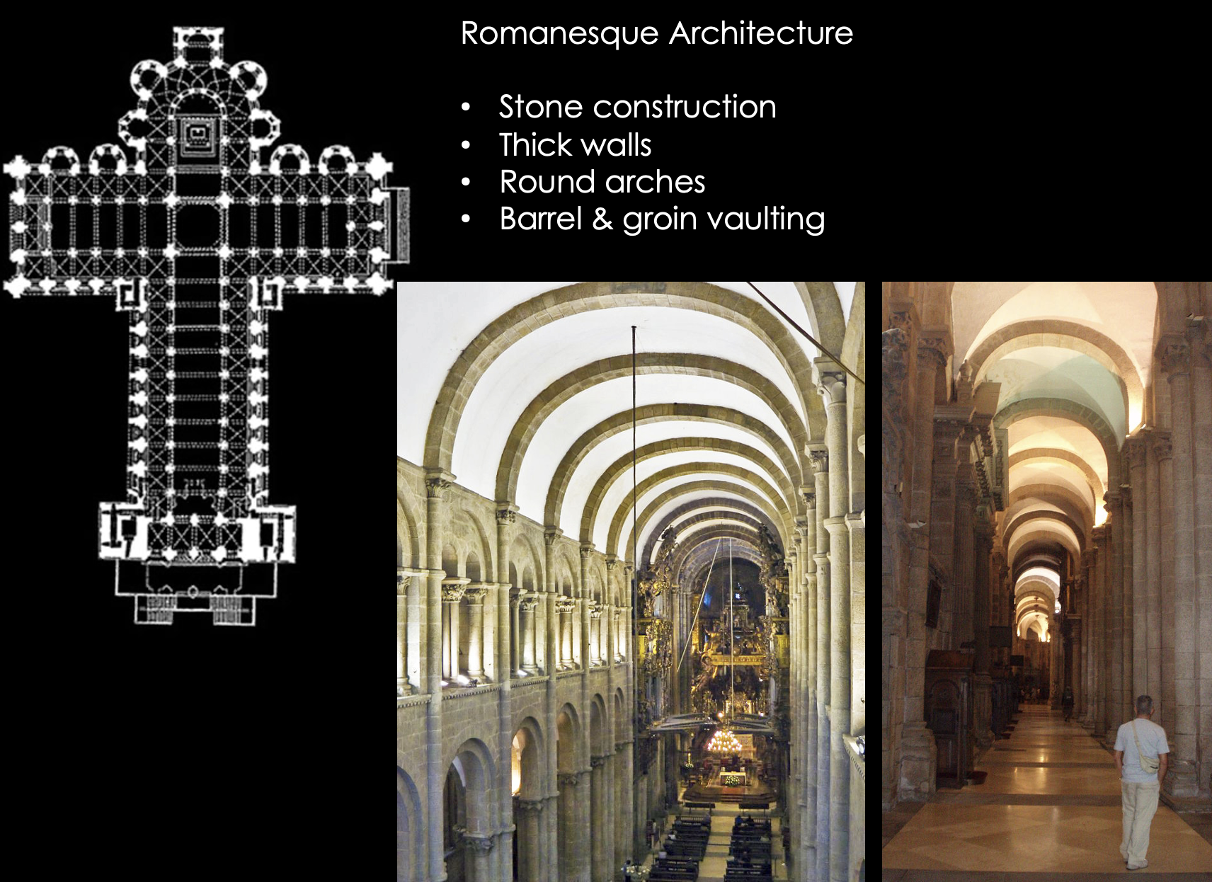 <ul><li><p><span style="background-color: transparent;"><span>Basilica plan</span></span></p></li><li><p><span style="background-color: transparent;"><span>Cross aerial view (trancepts)</span></span></p></li><li><p><span style="background-color: transparent;"><span>Trancepts have become extremely common, big projecting transept contributes to cross shape and also accommodates pilgrim numbers across the church space&nbsp;</span></span></p></li><li><p><span style="background-color: transparent;"><span>Radiating chappels, allows for store reliquaries of relics. Pilgrims can pass by these spaces as they move through and around.&nbsp;</span></span></p></li><li><p><span style="background-color: transparent;"><span>Altar above the tomb</span></span></p></li><li><p><span style="background-color: transparent;"><span>You could call it a cruciform plan (projecting transept=cross shape)</span></span></p></li><li><p><span style="background-color: transparent;"><span>Nave, side aisles, ambulatory&nbsp;</span></span></p></li><li><p><span style="background-color: transparent;"><span>bay=individual spaces on the plan&nbsp;</span></span></p></li></ul><p></p>