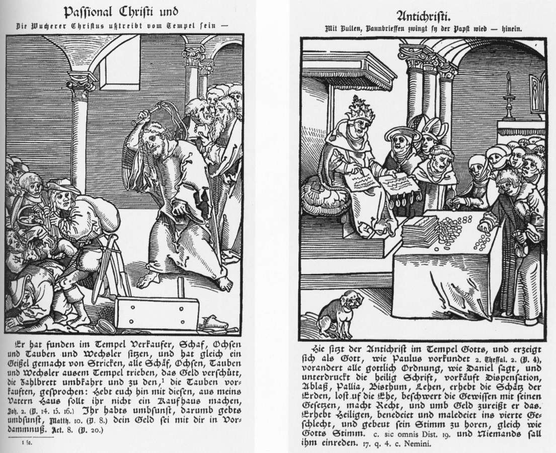 <p>christ — cleansing the temple, flipping the table of the money changers </p><p>anti christ — practice of indulgences, seeing them as better than us, pope exchanging money - not appropriate </p>