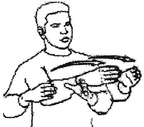 Hold both flattened hands at one side and move them together over to the other side
