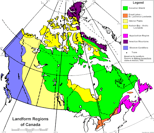 <ul><li><p>Canadian Shield</p></li><li><p>Great Lakes-St. Lawrence Lowlands</p></li><li><p>Hudson Bay</p></li><li><p>Interior Plains</p></li><li><p>Appalachian Mountains</p></li><li><p>Innuitian Mountains – Arctic Lowlands</p></li><li><p>Western Cordillera</p></li></ul>