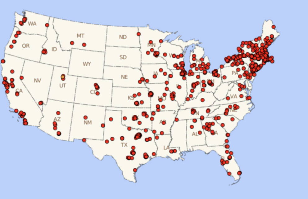 <p>A map where dots are used to demonstrate the frequency or intensity of a particular phenomena (think: population density maps).</p>