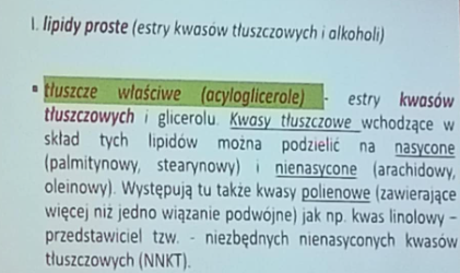 <p>1.są to estry kwasów tłuszczowych i glicerolu</p><p>2. kwasy tłuszczowe wchodzące w skład tych lipidów dzielimy na: </p><p>-nasycone kwasy tłuszczowe (np. palmitynowy i stearynowy) </p><p>-nienasycone kwasy tłuszczowe (np. arachaidowy, oleinowy)</p><ol start="3"><li><p>dodatkowe kwasy polienowe- zawierają więcej niż jedno wiązanie podwójne np. kwas linolowy przedstawiciel NNKT (niezbędnych nienasyconych kwasów tłuszczowych)</p></li></ol><p></p>