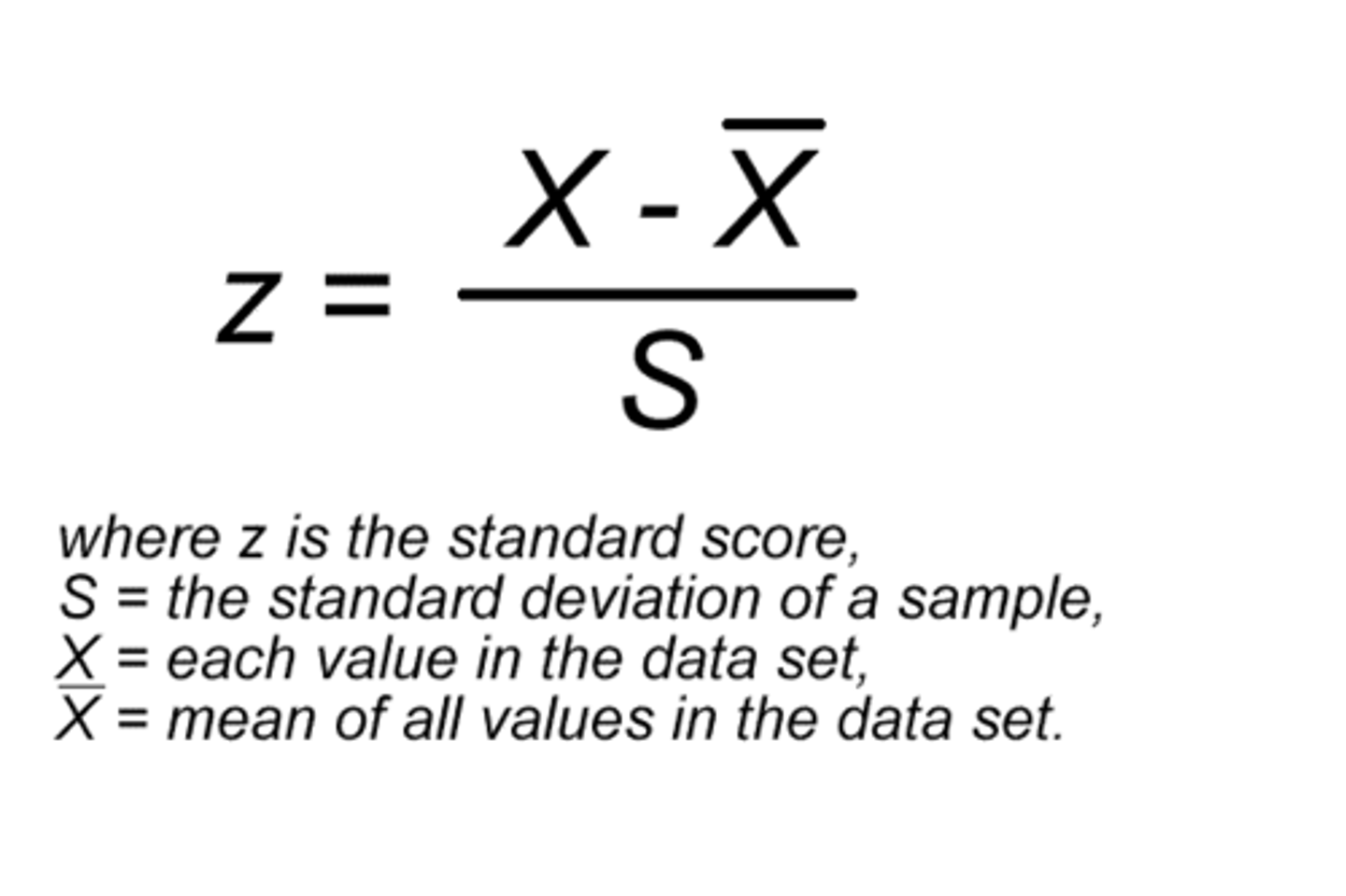 <p>- shows the relative status of a score in a distribution</p><p>- shows number of SDs above/below the mean</p><p>z = (xi - x[sample mean]) / s</p><p>- mean of z score should be 0 and sd should be 1</p><p>- does not change form of distribution</p>
