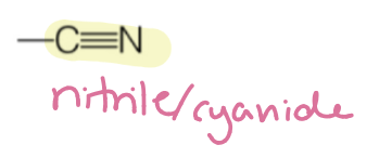 <p>carbon &amp; nitrogen triple bonded</p><p>cyanide alternative name</p><p>RCN</p>