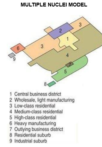 <p>Land Use Pattern</p><ul><li><p>Tries to describe the change that cities have gone through due to technology and transportation. It also has more CBD’s</p></li></ul><p>If people wanted things to be near them, they would be (pull factor), if they didn’t they then they weren’t (push factor)</p>