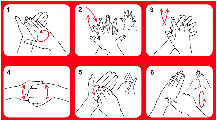 <p>six step hand washing method</p>