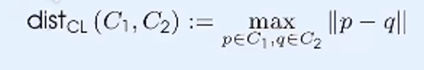 <p>Defines distance between two clusters as the largest distance between points from one cluster to another</p>