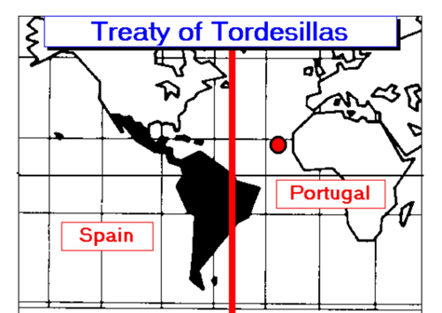 <p>an agreement between Portugal and Spain which declared that newly discovered lands to the west of an imaginary line in the Atlantic Ocean would belong to Spain and newly discovered lands to the east of the line would belong to Portugal.</p>