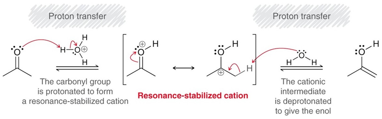<p>By adding a strong acid to a ketone it tautomerizes into an enol </p>