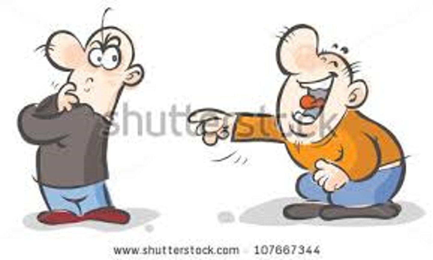 <p>to laugh at someone or something, often in a way that's not kind.</p>