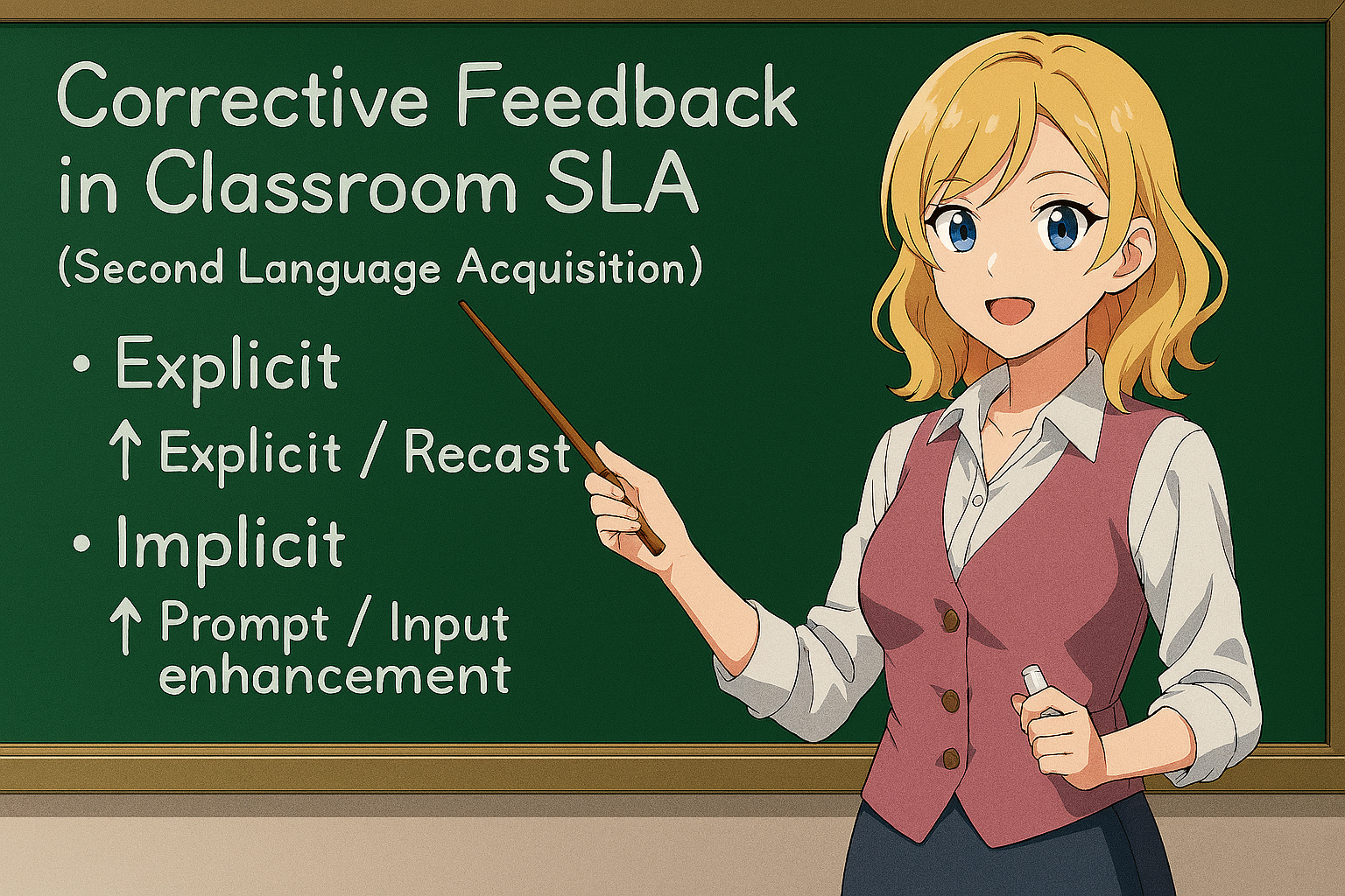 <ul><li><p><strong>Explicit correction</strong>: directly providing the correct form.</p></li><li><p><strong>Recasts</strong>: reformulating learner errors without overt correction.</p></li><li><p><strong>Elicitation/clarification requests</strong>: prompting learner self‑correction.</p></li></ul><p></p>
