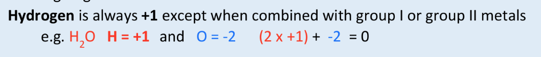 <ul><li><p>+1</p></li><li><p>except when combined w/ group I or II metals</p></li></ul><p></p>