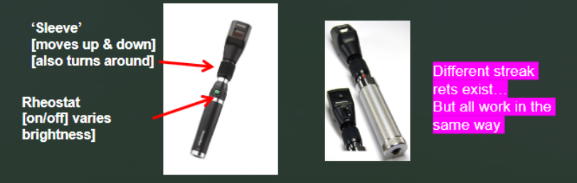 <p>light emitted by streak ret shows rectangle beam, spot ret is circle </p><p>sleeve/ collar must always be at lowest position, turning the collar changes the orientation of the streak </p>