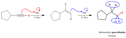 <p><strong>Reagent(s):</strong> HX or Excess HX</p><p><strong>Adds What:</strong> X or X and X </p><p><strong>Regiochemistry: </strong>Mark (unless ROOR then anti Mark) </p><p><strong>Steriochemistry: </strong>N/A </p>