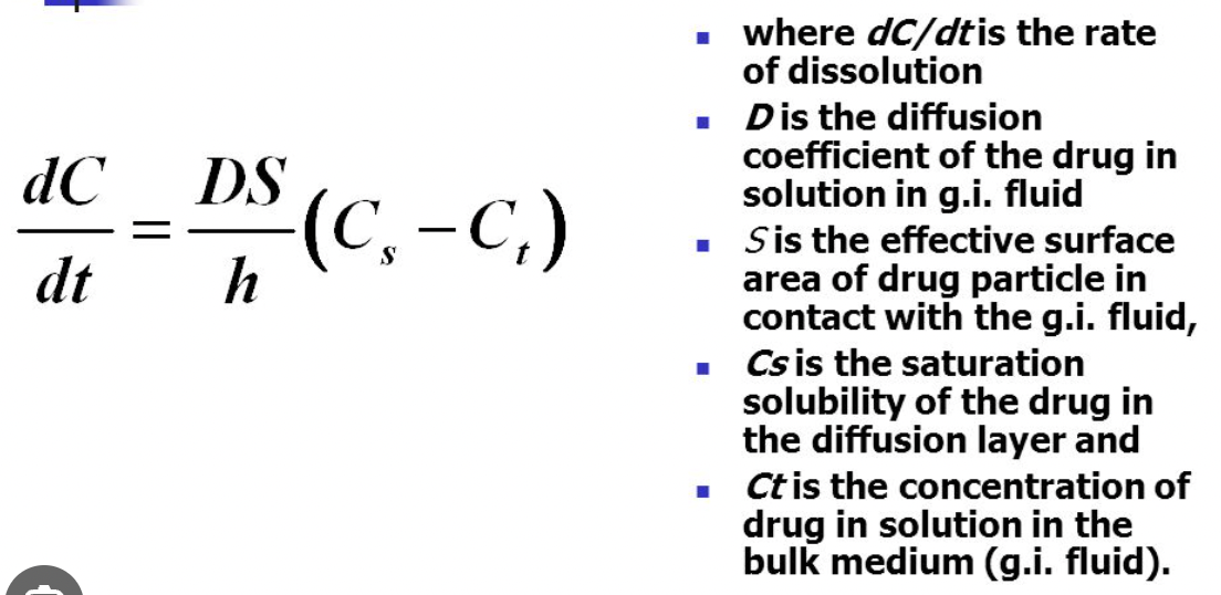 <p>Noyes-whitney equation</p><ul><li><p>S= surface area of particle </p></li></ul><p></p>