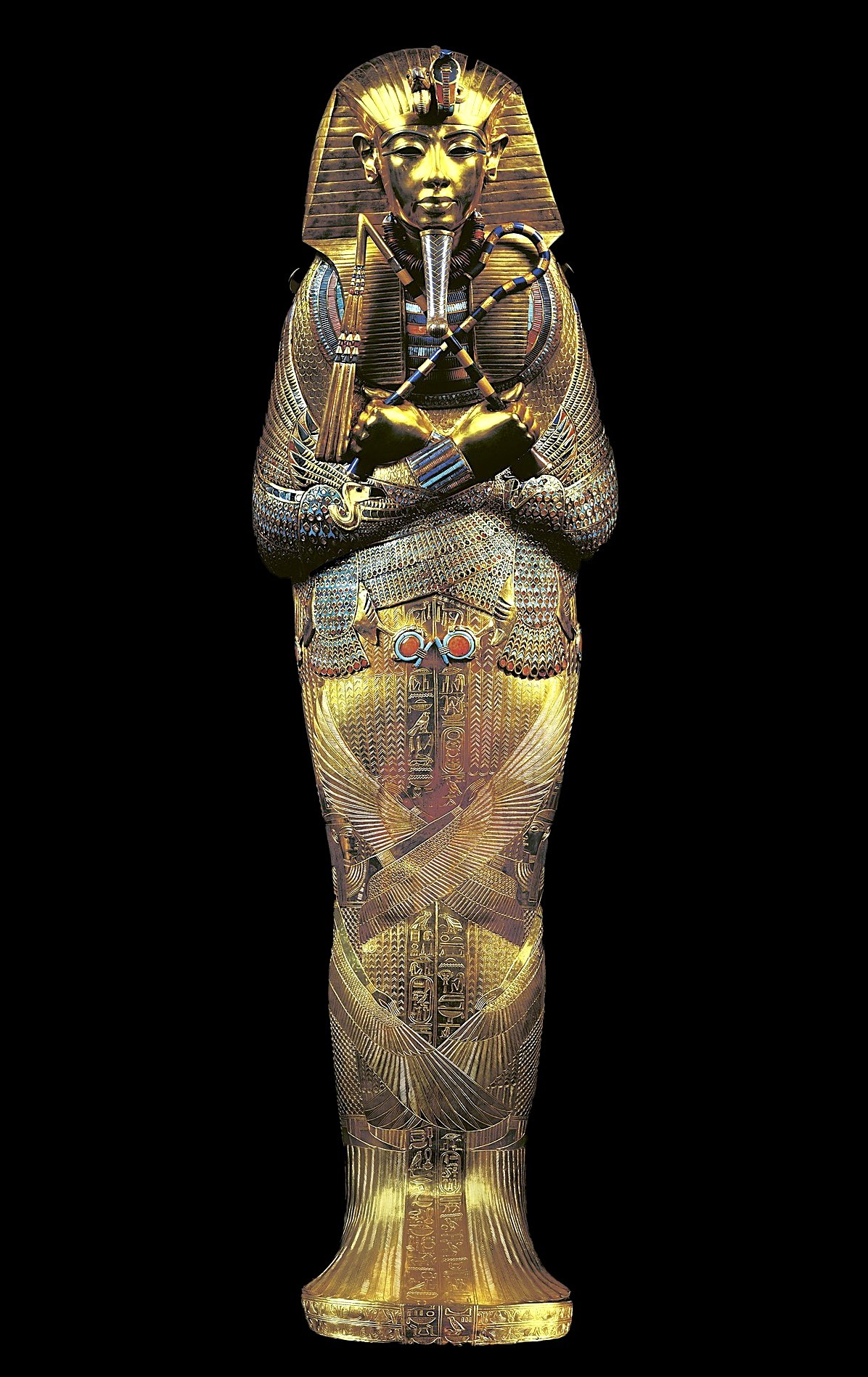 <p>Tutankhamun’s tomb, innermost coffin </p><ul><li><p>New Kingdom, 18th Dynasty</p></li><li><p>c. 1323 BCE </p></li><li><p>gold with inlay of enamel and semiprecious stones </p></li></ul><p></p>