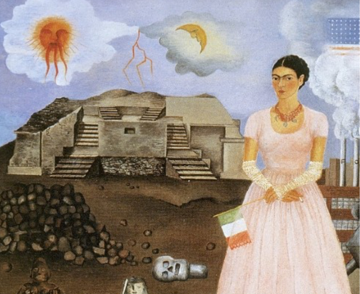 <p>artist: FRIDA KAHLO</p><p>movement: MEXICAN MODERNISM</p><p>muralism: painted with oil paints on easles, in wheel chair</p><p>representing: contrast of ancient americas with modern america</p><p>folk tradition: retaldo</p>
