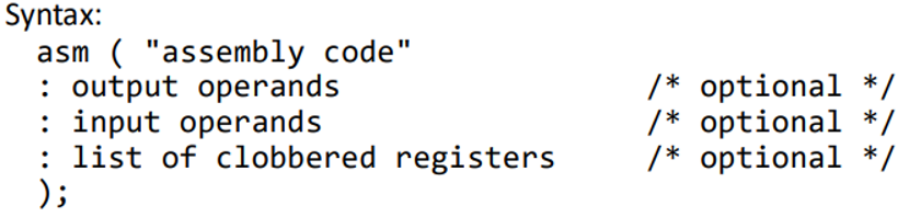 <p>The embedded assembler code must interact with C code&nbsp;</p><ul><li><p>Parameters must be passed on to the assembler program</p></li><li><p>Results must be passed on to C code</p></li></ul><p></p>